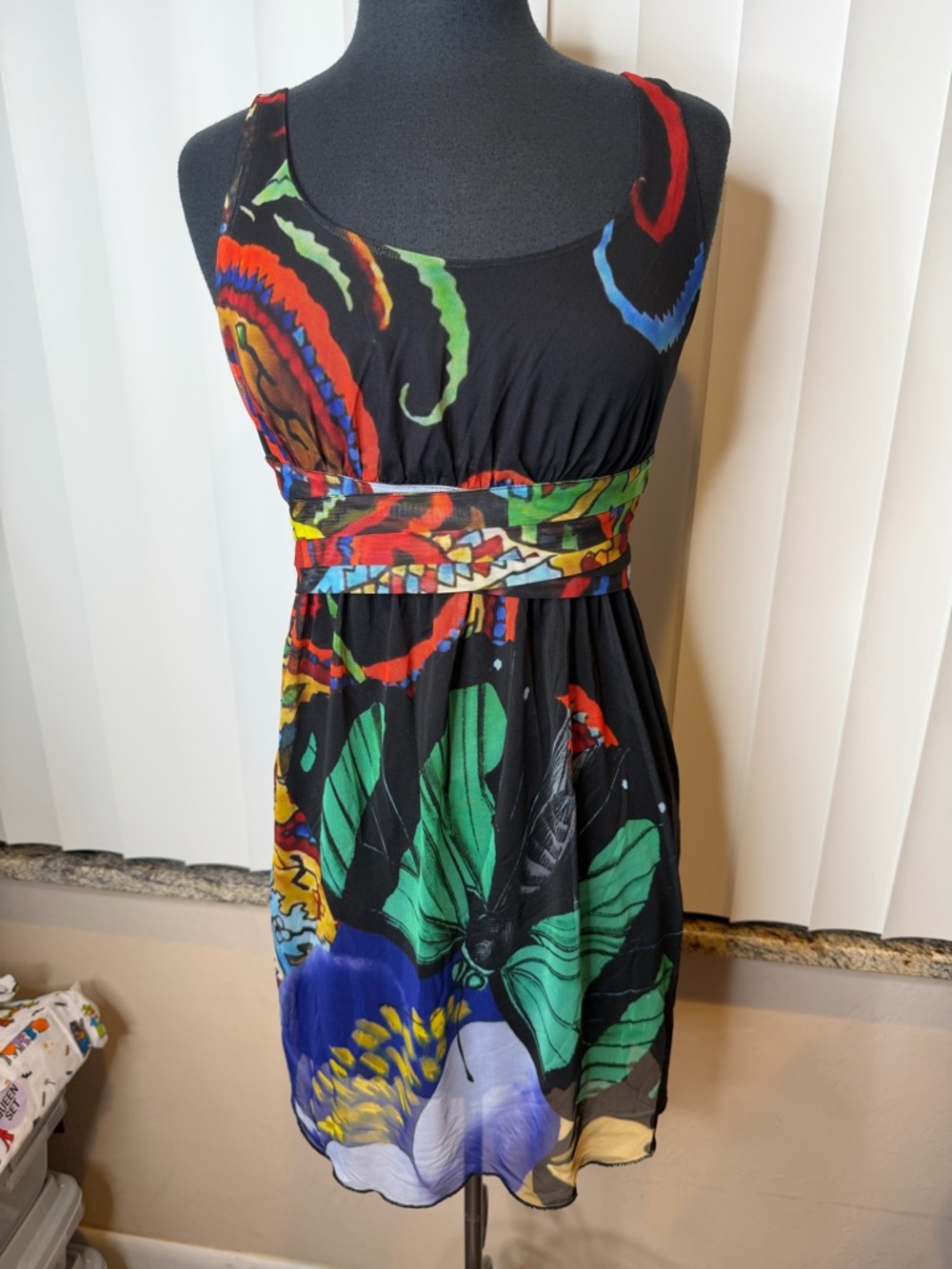 Desigual black multi-color mesh abstract butterfly print dress Size Small